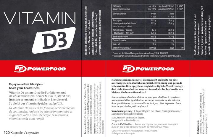 Nutritional values and ingredients PowerFood One Vitamin D3 (120 Piece, Pills, 522 g)