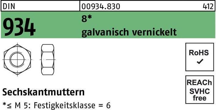Productafbeelding Zeskantmoer DIN 934 M 8 8 galvanisch vernikkeld (M8)
