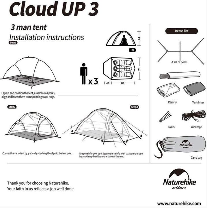 Valori nutrizionali e ingredienti Naturehike Tenda Cloud up 3 ultraleggera per 3 personeGrigio chiaro (Tenda, 2.12 kg, 3 persone)