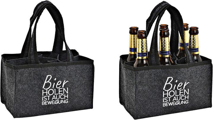 Produktbild G. Wurm Flaschentasche mit 6 Fächern, Bier holen ist auch Bewegung, aus Filz Grau (B/H/T) 24x15x5cm