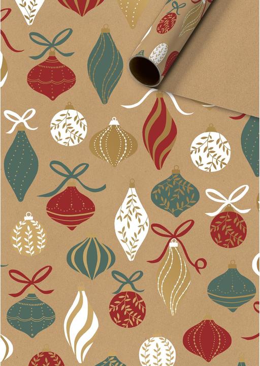 Weissen, Braunes Kraftpapier einseitig bedruckt mit roten, grünen und goldigen Christbaumkugeln