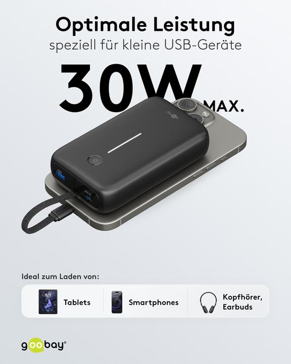Image du produit Goobay Powerbank 20.000 mAh mit integriertem USB-C-Kabel (20000 mAh, 30 W)