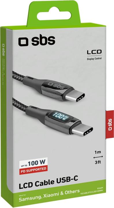 Produktbild SBS USB-C auf USB-C Kabel 100W m. Bildschirm 1m schwarz (1 m, USB 3.0, 100 W)