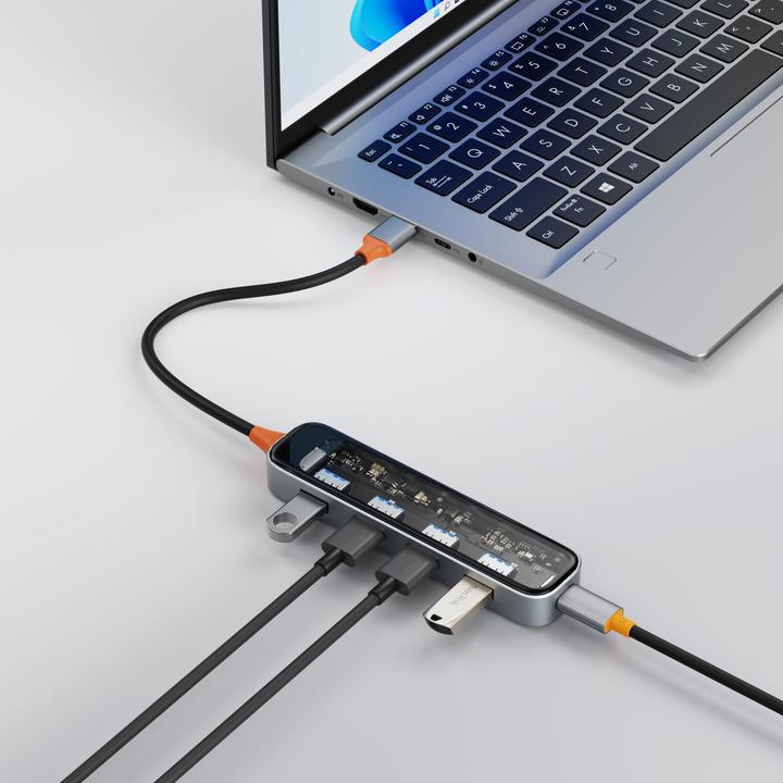 Actual product image Deltaco USB-A hub with 4x USB 5 Gbit/s transparent (USB-C, 4 Ports)