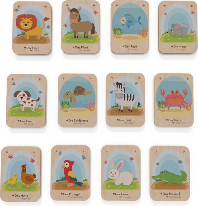 Produktbild Activity Board Zweisprachige Tierkarten aus Holz - Deutsch Italienisch, Lernspielzeug, Sprachförderung für Kinder (Deutsch, Italienisch)