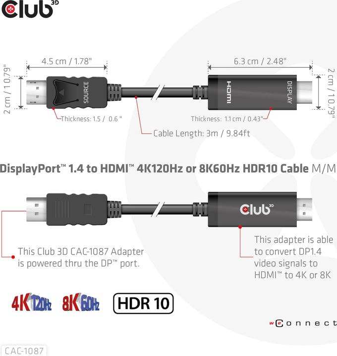 Image du produit Club 3D HDMI (Typ A) — DisplayPort (3 m, DisplayPort)