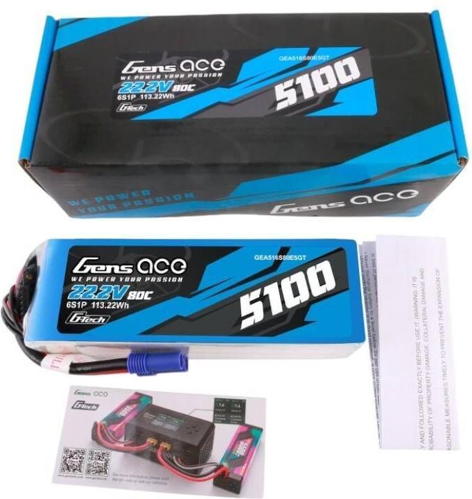 Actual product image Gens Ace G-Tech 5100mAh 80C 22.2V 6S1P Lipo Battery Pack with EC5 plug (22.20 V, 5100 mAh)