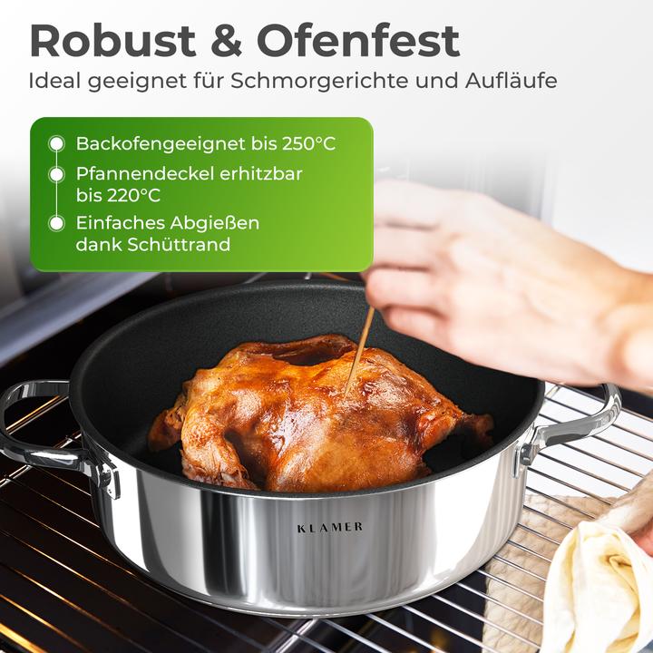 Produktbild KLAMER 28cm Induktion Servierpfanne, Antihaft, Backofenfest, inkl. Deckel (28 cm, Bräter + Schmortopf, Edelstahl)