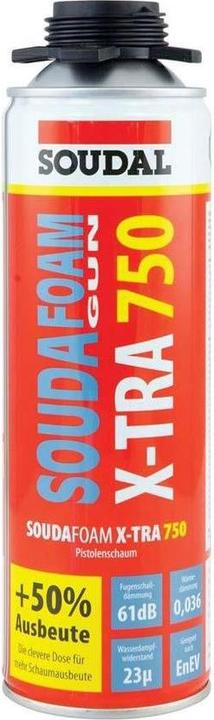 Produktbild Soudal 1K Montageschaum Soudafoam Gun X-tra 750 B2 Pistolenschaum grau 500 ml (500 ml)