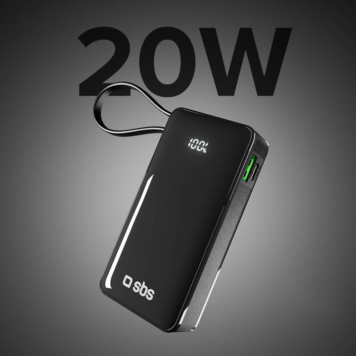 Actual product image SBS Power Bank 10,000 mAh with built-in USB-C cable (10000 mAh, 20 W, 37 Wh)