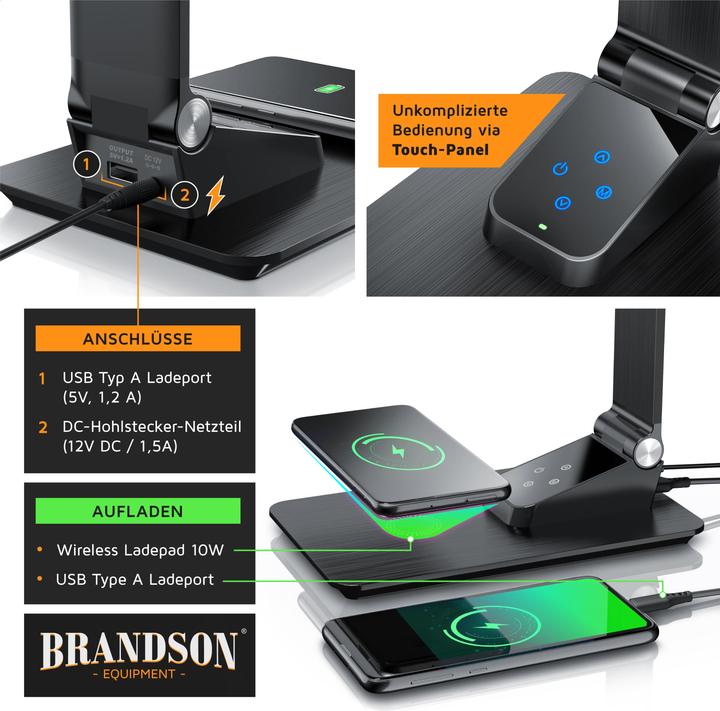 Immagine prodotto Brandson Schreibtischlampe Metall-Design, USB Ladeanschluss, kabelloses Laden wireless Charging, Dimmfunktion (500 lm)