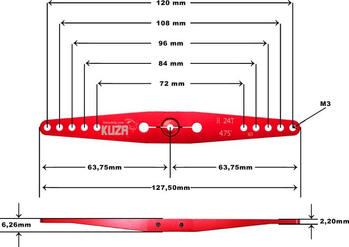 Produktbild Kuza servohebel 2-arm hitec 24t 120/108/96/84 72mm 4.75" m3 heavy duty v2 aluminium
