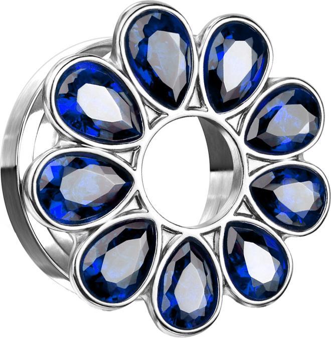 Star Piercing Flesh Tunnel silber Kristallbume blau (Chirurgenstahl 316L, ohne Messing)