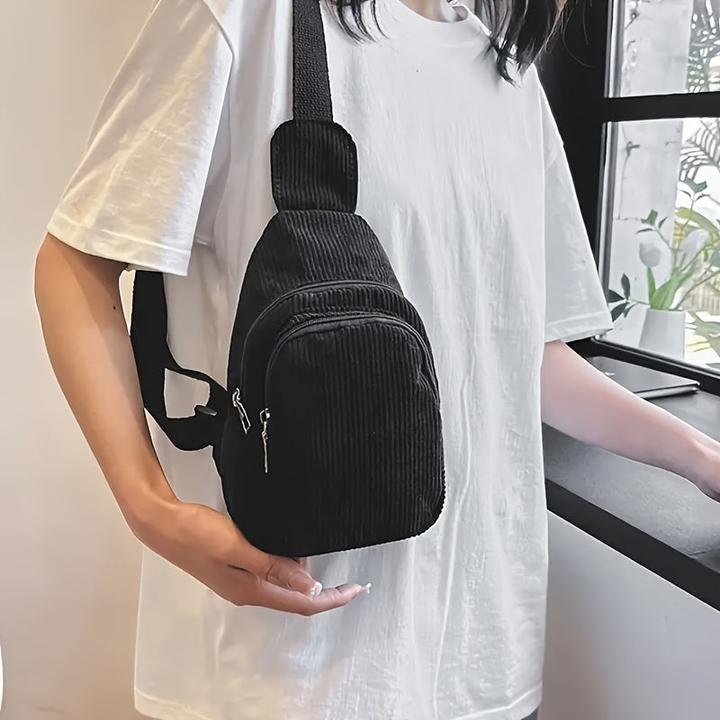 Actual product image Only-Bags.Store Schicke schwarze Cord-Crossbody-Tasche - lässige Gürteltasche mit Reissverschluss, perfekt für