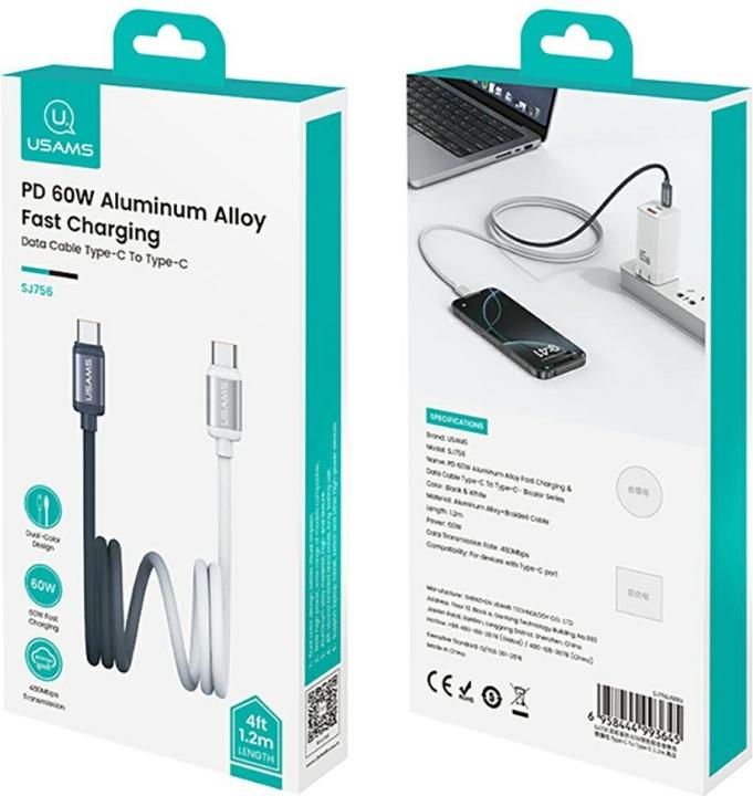 Immagine prodotto Usams Cable Bicolor Series SJ756 PD 60W USB-C/USB-C 1.2m black and white (1.20 m, 60 W)