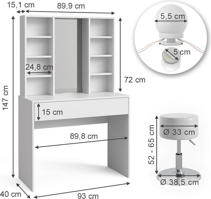 Actual product image Vicco Alexa with stool and lighting (93 x 40 x 147 cm)