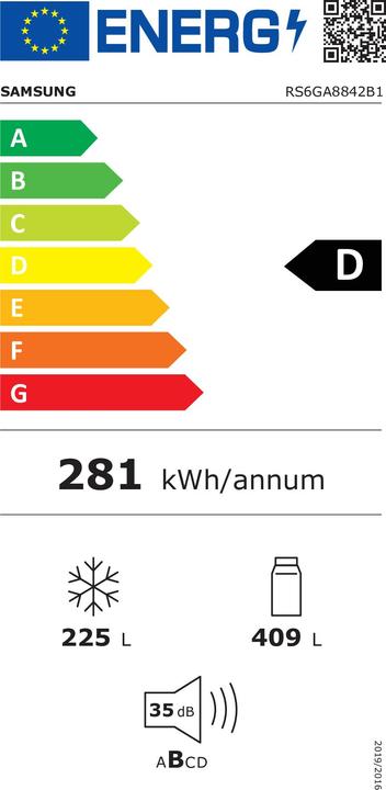Energie-Label Samsung RS6GA8842B1/EG Side-by-Side Kühlkombination Freistehend D (634 l)