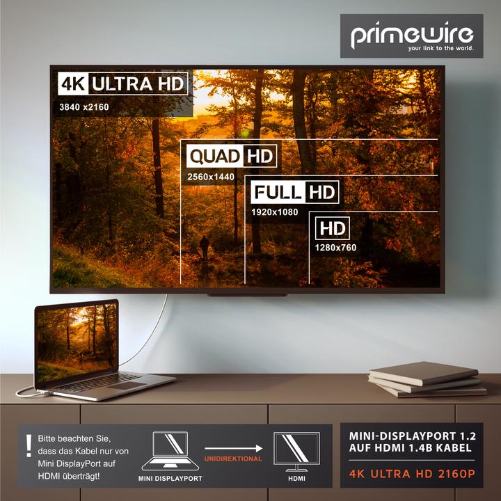 Produktbild Primewire 4k Mini Displayport 1.2 auf HDMI Kabel | Thunderbolt 1- und Thunderbolt 2 Ports | 4K Ultra HD 2160p (2 m, DisplayPort, HDMI)