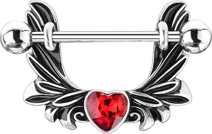 Star Piercing Barbell silber Engelsflügel Herzkristall rot (Messing, Chirurgenstahl 316L)