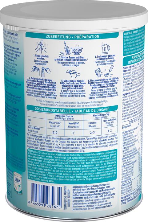 Valeurs nutritives et ingrédients Beba OPTIPRO Junior 12+ Lait d'éveil - Après 12 mois (800 g, à partir de 12 m.)