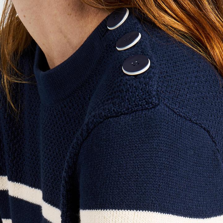 Actual product image Tribord Women's knitted sailing pullover, 100 navy blue with beige stripes (XS)