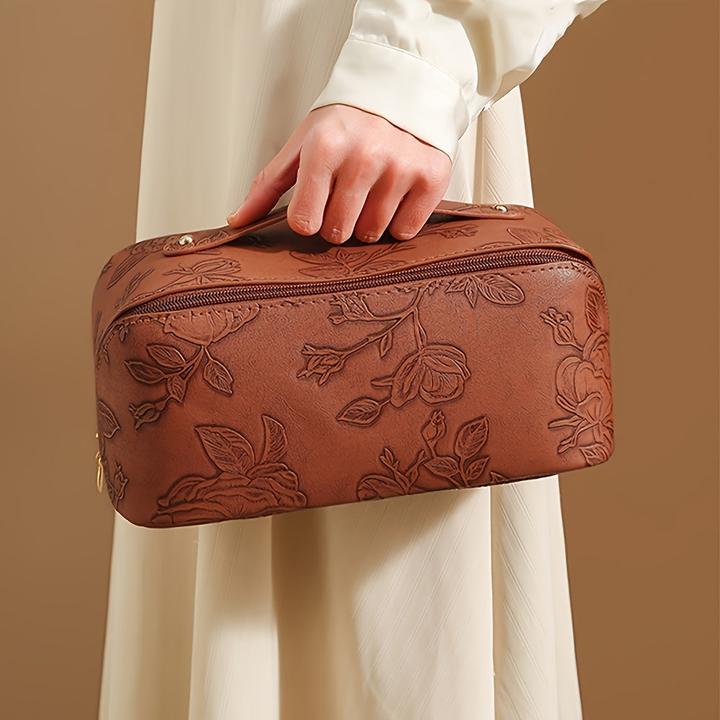 Actual product image Only-Bags.Store Vintage geprägte PU-Makeup-Tasche - grosse Kapazität Reise Kosmetik-Organizer mit Blumenmuster