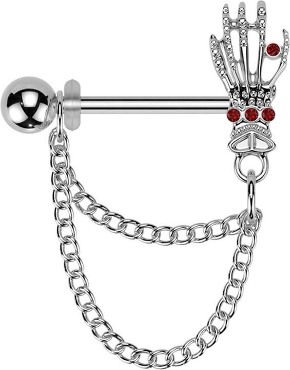 Star Piercing Barbell silber mit Kugel und Skeletthand Kristalle rot Anhänger zwei Ketten rechts (Chirurgenstahl 316L, Messing)
