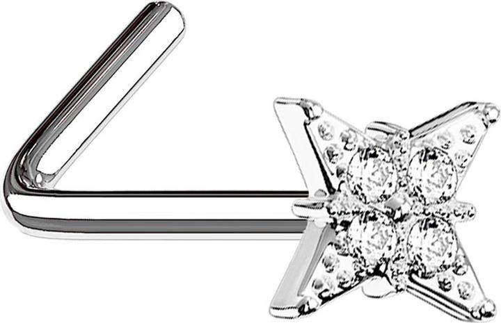 Star Piercing Nasenstecker gewinkelt silber Stern mit vier Kristallen (Chirurgenstahl 316L, Messing)