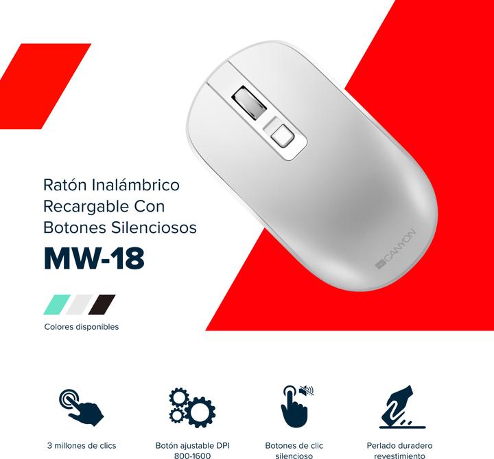 Image du produit Canyon Souris sans fil rechargeable avec boutons silencieux MW-18, aigue-marine (Sans fil)