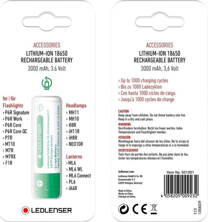 Nährwerte und Zutaten Ledlenser Akku Li-Ion 3,6 V / 3000 mAh