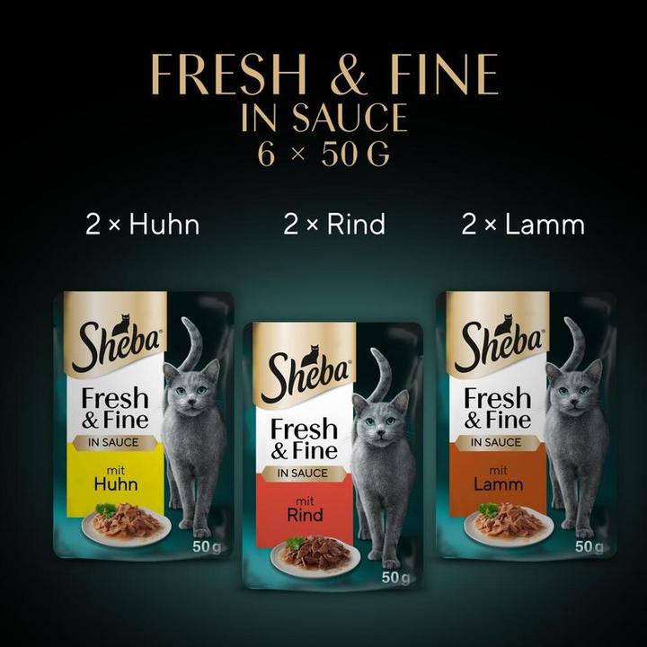 Produktbild Sheba Fresh & Fine Multipack Portionsbeutel Rind, Huhn & Lamm in Sauce (Adult, 1 Stk., 3600 g)