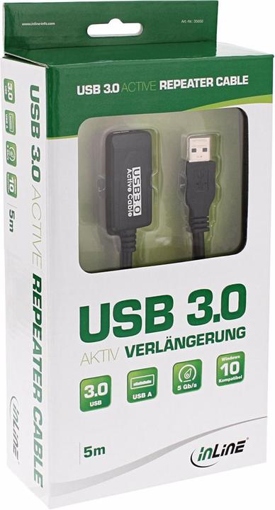 Image du produit InLine USB 3.0 extension active mâle A vers femelle A noir 5m (5 m, USB 3.2 Gen 1)