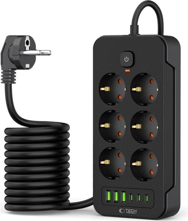 Actual product image Tech-Protect PC6X6 Power Strip 6 Sockets 240V + 3xUSB-A + 3xUSB-C 200cm - Black (3 x, USB-C, USB-A, 2 m)