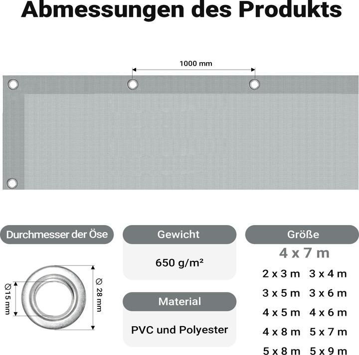 Produktbild Wiltec Abdeckplane wetterfest grau 4x7m Polyester Plane Ösen 650g/m² Gartenplane (4 x 7 m)