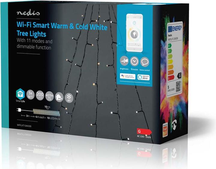 Nedis SmartLife Decorative LED | Wi-Fi | Warm to Cool White | 200 LED's | 5 x 4 m | Android™ / IOS (White, Warm white, 2000 cm, Indoor, Outdoor)