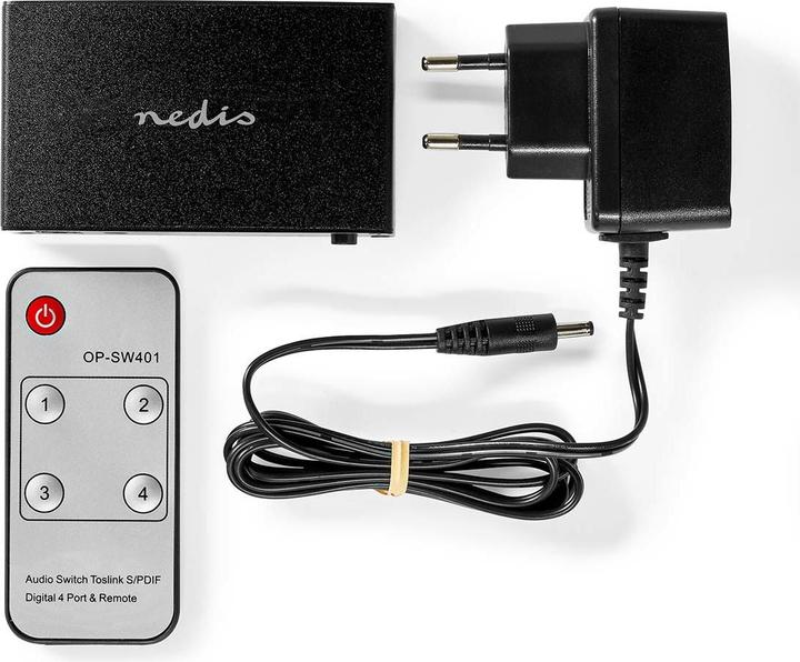Produktbild Nedis Digital-Audio-Switch | 4-Wege | Anschlüsse – Eingang: DC Power / 4x TosLink | Anschlüsse – Aus (0.05 m)