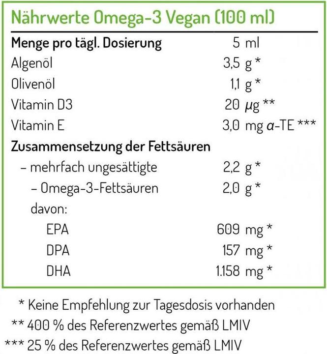 Nährwerte und Zutaten Norsan Omega3 vegan (1 Stück, Flüssigkeit, 190 g)