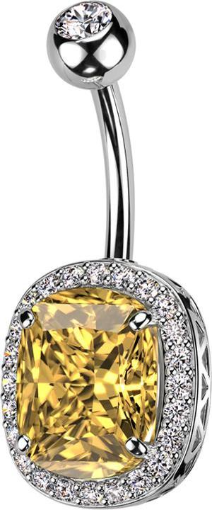 Star Piercing Banane silber mit Kugel Kristall silber und grossem Kristall gelb (Messing, Chirurgenstahl 316L)