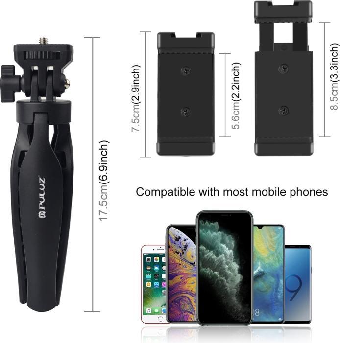 Image du produit Puluz Desk Plastic Tripod Mount with Phone Clamp & Adjusting Tripod Head for Smartphones (Black) (Matières plastiques)