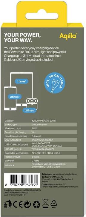 Actual product image Aqiila Powerbird B10B - Powerbank 10000 mAh, 20W - Moss (10000 mAh, 20 W, 37 Wh)