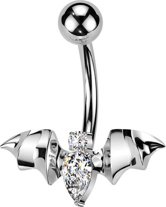 Star Piercing Banane Innengewinde silber mit Kugel silber und Fledermaus Kristalle silber (Titan G23, ohne Messing)