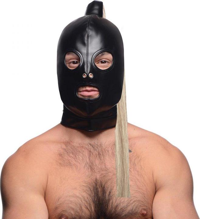 Actual product image XR Brands Blonde Pferdeschwanz Bondage Haube Schwarz