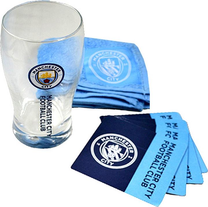 Produktbild Manchester City FC Offizielles Wordmark MiniFussballBarSet (Pintglas Handtuch & Bierdeckel) (1 x)