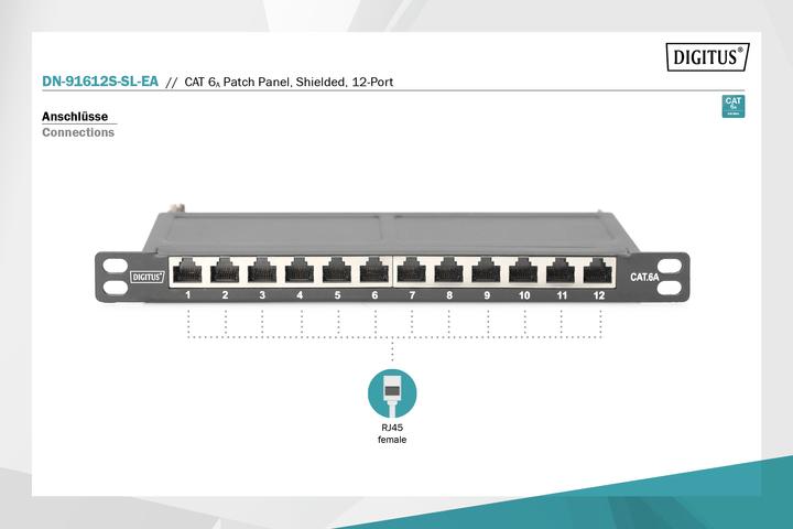 Produktbild Digitus Cat.6A Slim Patch Panel, geschirmt, 12-Port, 0,5 HE, 10", schwarz