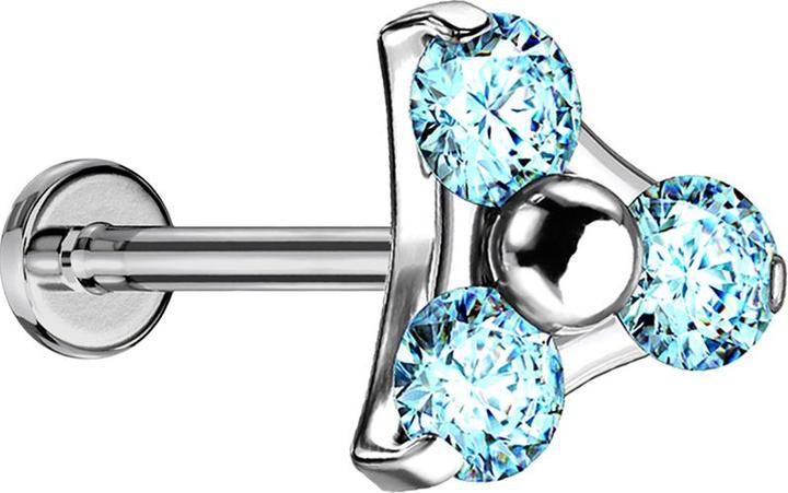 Star Piercing Micro Threadless Labret silber Dreieck drei Kristalle aqua (Titan G23, ohne Messing)