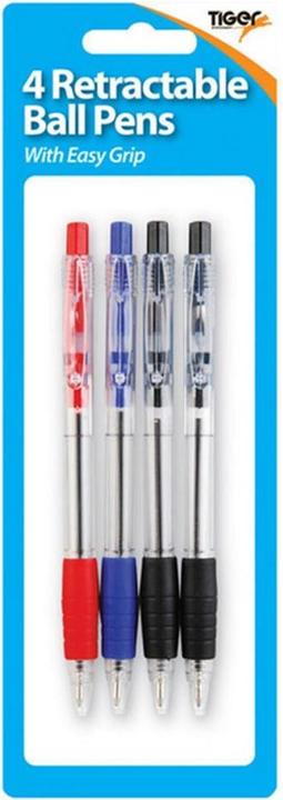 Tiger Stationery Tiger Retractable Easy Grip Ball Point Stifte (4er Pack) (Blau, Schwarz, Rot, 4 x)