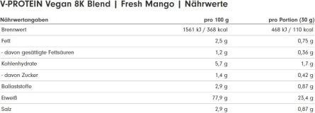 Valori nutrizionali e ingredienti ProFuel Miscela V-Protein 8K (Mango fresco, 1 pz., 750 g)