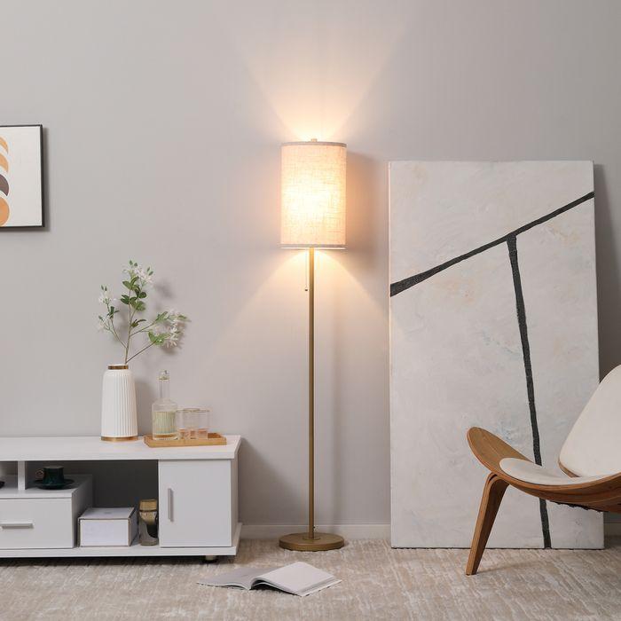 Immagine prodotto Swisshandel24 Stehlampe Wohnzimmer Stehleuchte mit Leinen Lampenschirm, Zugkettenschalter (E27)