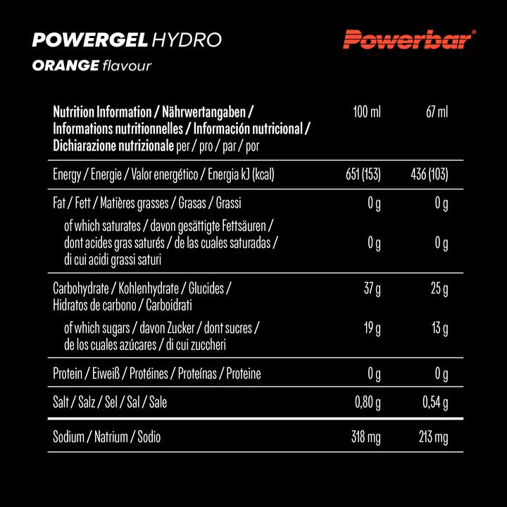 Nährwerte und Zutaten Powerbar PowerGel Hydro (Orange, 24 Stk., 1850 g)