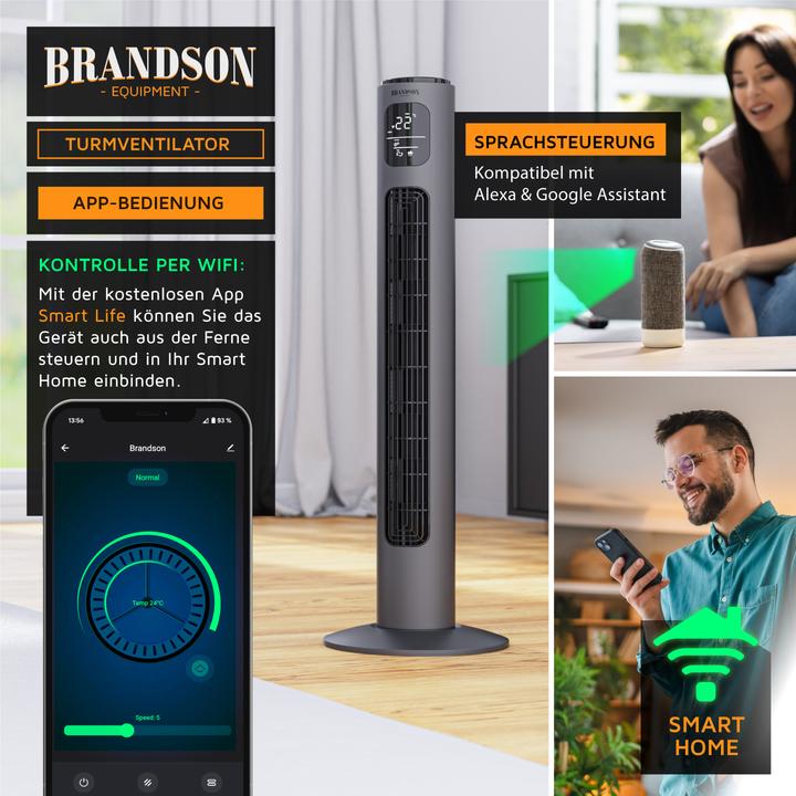 Image du produit Brandson Turmventilator WiFi, Eco DC-Motor 35W, App-Steuerung/Sprachbefehl, Timer, Oszillation, leiser Lüfter (52 dB)